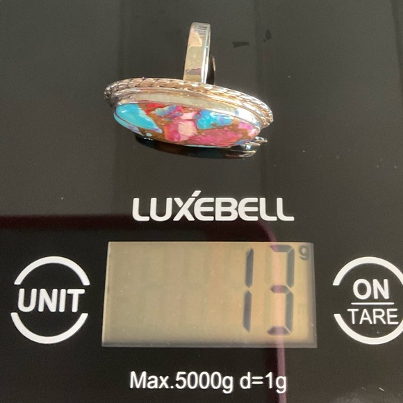 Large Pink Dahlia Oval Stone w/ Turquoise, 925 Sterling Silver Ring - Picture 3 of 3